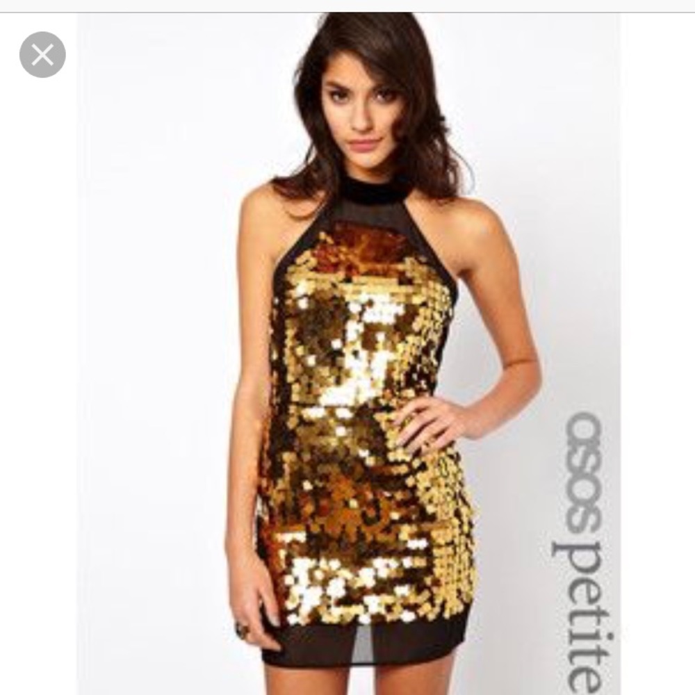 Black& Gold Large Sequins Halter Backless Dress